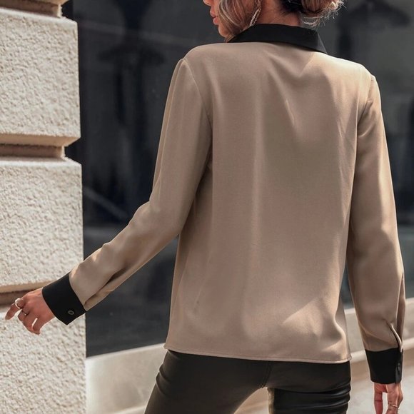 Colorblock Long Sleeve Contrast Collar Blouse - Picture 6 of 6